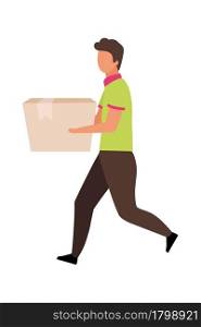 Man carries cardboard box semi flat color vector character. Walking figure. Full body person on white. Hand delivery isolated modern cartoon style illustration for graphic design and animation. Man carries cardboard box semi flat color vector character