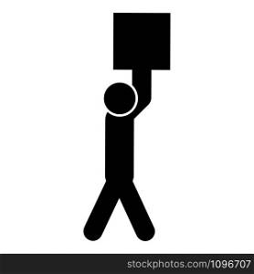 Man carries load in his arms above himself Stick work on delivery parcel icon black color vector illustration flat style simple image. Man carries load in his arms above himself Stick work on delivery parcel icon black color vector illustration flat style image