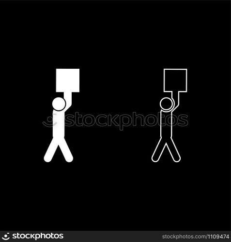Man carries load in his arms above himself Stick work on delivery parcel icon outline set white color vector illustration flat style simple image