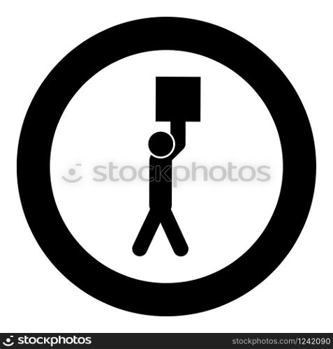 Man carries load in his arms above himself Stick work on delivery parcel icon in circle round black color vector illustration flat style simple image. Man carries load in his arms above himself Stick work on delivery parcel icon in circle round black color vector illustration flat style image
