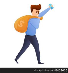 Man carry money bag icon. Cartoon of man carry money bag vector icon for web design isolated on white background. Man carry money bag icon, cartoon style