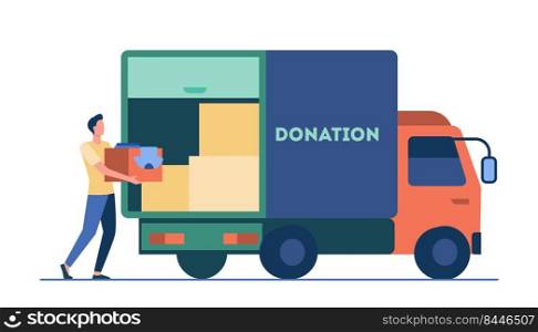 Man carrying box with clothes to donation truck. Courier, volunteer, vehicle flat vector illustration. Volunteering, charity, aid concept for banner, website design or landing web page