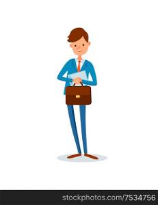 Man carrying briefcase, business activities of boss vector. Chief executive busy with work, leader reading paper pages, documentation and documents. Man Carrying Briefcase Business Activities of Boss