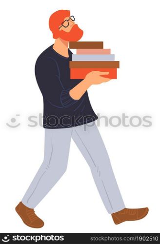 Man carrying bunch of books to study for classes in university or school. Bearded male character wearing glasses preparing for exams or reading for fun during leisure time. Vector in flat style. Student carrying pile of books for school classes