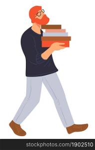 Man carrying bunch of books to study for classes in university or school. Bearded male character wearing glasses preparing for exams or reading for fun during leisure time. Vector in flat style. Student carrying pile of books for school classes