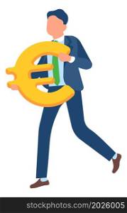 Man carrying giant euro sign. Exchange currency concept. Vector illustration. Man carrying giant euro sign. Exchange currency concept