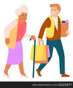Man carrying grocery bags for old woman. Guy helping senior isolated on white background. Man carrying grocery bags for old woman. Guy helping senior