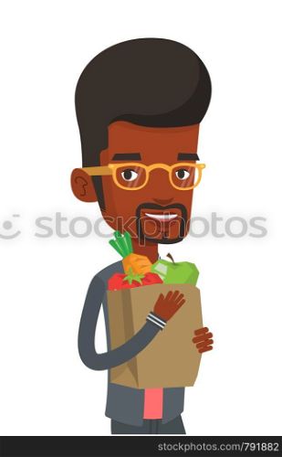 Man carrying grocery shopping bag with vegetables. Man holding grocery shopping bag with healthy food. Man with grocery shopping bag. Vector flat design illustration isolated on white background.. Happy man holding grocery shopping bag.