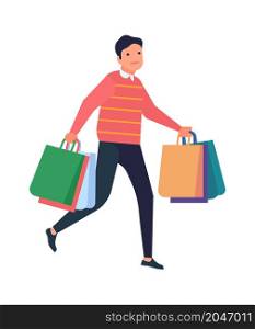 Man carrying shopping bags. Buyer walking with purchase packages. Vector illustration. Man carrying shopping bags. Buyer walking with purchase packages