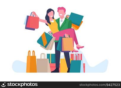 Man carrying woman in his arms. People with boxes of purchases after sale. Happy shopping. Store discount. Mall customer. Young couple in shop. Shopaholic persons. Shopper bags heap. Vector concept. Man carrying woman in his arms. People with boxes of purchases after sale. Happy shopping. Store discount. Young couple in shop. Shopaholic persons. Shopper bags heap. Vector concept