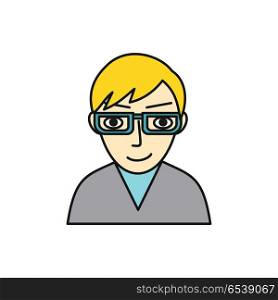 Man character avatar vector. Flat style. Male in glasses portrait. Illustration for identity in Internet, mood concepts, app pictograms, infographic. Isolated on white background. . Man Character Avatar Vector in Flat Design.. Man Character Avatar Vector in Flat Design.