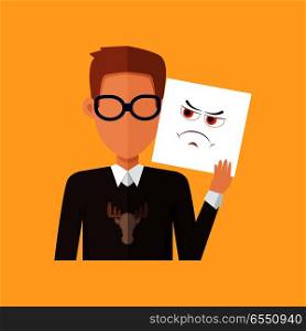 Man character avatar vector. Flat style. Male portrait with anger, wrath, insult, skepticism, contempt, aggression, envy,  emotional mask. Illustration for identity in Internet mood concepts icons. Man Character Avatar Vector in Flat Design.