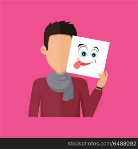 Man Character Avatar Vector in Flat Design. Man character avatar vector. Flat style. Brunet male portrait with joy, fun, foolery, playfulness, gaiety, emotional mask. Illustration for identity in Internet, mood concepts, app icons, infographic