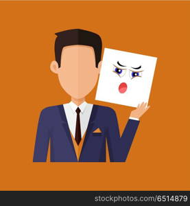 Man Character Avatar Vector in Flat Design. Man character avatar vector. Flat style. Male portrait with indignation, amazement, shame, frustration, irritation, anger, emotional mask. Illustration for identity in Internet, mood concepts icons