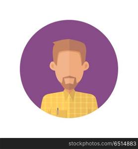 Man Character Avatar Vector in Flat Design.. Man character avatar vector in flat style design. Bearded male personage portrait icon in violet circle. Illustration for concepts, app pictograms, infographic. Isolated on white background.