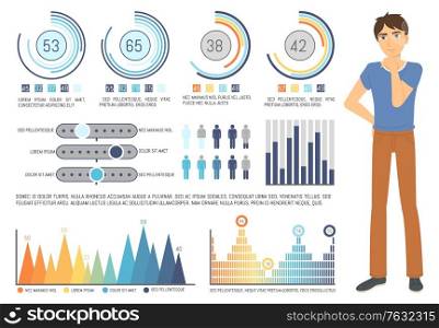 Man character brainstorming, graph and diagram report, counting technology, statistic report. Male standing near growth chart, profit researching vector. Business data analysis. Flat cartoon. Graph Report, Man Counting, Profit Icon Vector