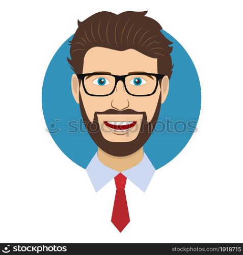 Man character face avatar in glasses. Modern colorful style. Male portrait. Man character face avatar in glasses.