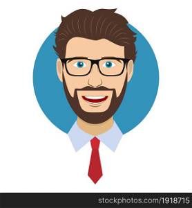 Man character face avatar in glasses. Modern colorful style. Male portrait. Man character face avatar in glasses.