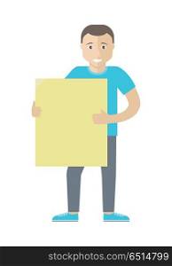 Man Character Holding Blank Message Board. Smiling man character holding blank cardboard placard flat vector illustration isolated on white background. Message board with copy space. Presentation, advertising, promotions design. Man Character Holding Blank Message Board
