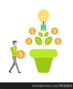 Man character holding coin, dollar and money tree, leaves and currency. Growth plant, symbol of cash, business invest, light-bulb creative idea vector. Money Tree, Growth Currency, Man Invest Vector