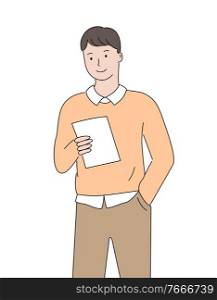 Man character holding paper, closeup view of man in casual clothes reading card, flat style of worker person with document, employee decoration vector. Worker Reading Paper, Portrait View of Man Vector