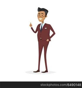 Man Character in Business Suit Illustration. Male character in business suit vector. Flat style design. Team leader, boss, expert, teacher, successful businessman illustration. Giving good advice concept. Man with raised finger up smiling.