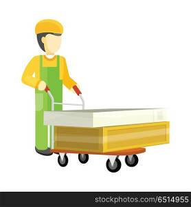 Man character in green and yellow uniform with heavy boxes on big trolley. Buying building materials in supermarket concept. Delivering overall goods. Flat design illustration for ad and icons.. Transportation Oversized and Heavy Goods. Transportation Oversized and Heavy Goods