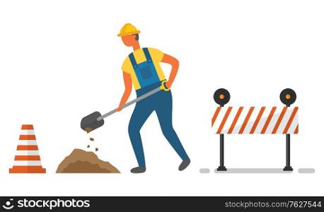 Man character in helmet and shovel digging soil, striped cone and barrier. Roadwork element decoration on white, digger and construction equipment vector. Digger and Cone with Barrier, Roadwork Vector