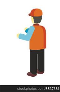 Man character in orange uniform and cap from back. Vector in flat style design. Warehouse, post, store storage worker. Courier or deliveryman holding something. Isolated on white background.. Worker in Uniform Illustration in Flat Design. Worker in Uniform Illustration in Flat Design