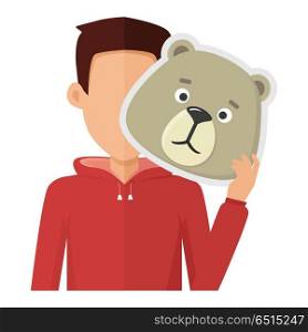 Man character in red sweatshirt with bear mask in hand vector. Flat design. Masquerade animal clothing and party costume. Psychological portrait and hidden personality. Isolated on white background. Man with Bear Mask Flat Design Vector Illustration. Man with Bear Mask Flat Design Vector Illustration