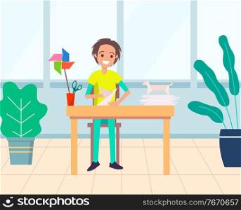 Man character making applique from paper, shape of dog. Smiling male holding application, sitting at table, houseplant indoor, cutout hobby vector. Applique from Paper, Art Education, Cutout Vector