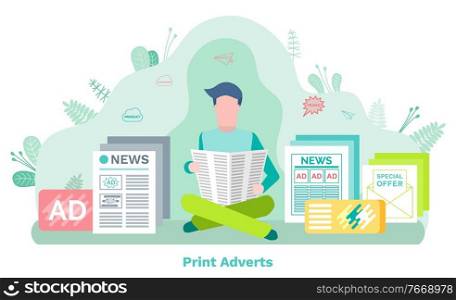 Man character reading newspaper, print adverts. Daily news, advertising and promo product, template page with lines, journal or newsletter, info vector. Advertising Product, Newsletter or Journal Vector