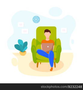 Man character sitting in armchair cozy home office interior living room online work freelance laptop hobby online web cartoon flat concept