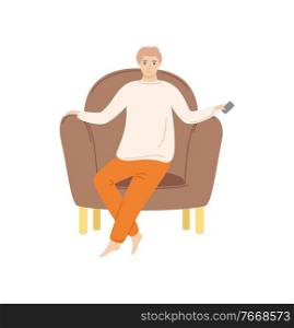 Man character sitting on armchair or brown soft seat with arms, person holding remote, portrait view of watching male, leisure at home on sofa vector. Watching Man Sitting on Armchair, Leisure Vector
