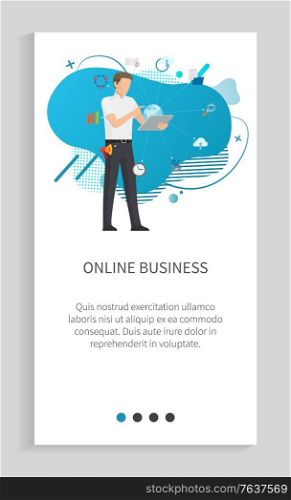 Man character standing with tablet, worker portrait view with wireless device, globe communication, finance or success icon on liquid shape vector. Website or app slider, landing page flat style. Online Business, Globe Innovation, Worker Vector