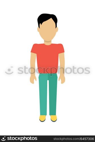 Man Character Template Vector Illustration.. Male character without face in red t-shirt vector in flat design. Man template personage figure illustration for concepts, mobile app pictogram, logos, infographic. Isolated on white background.