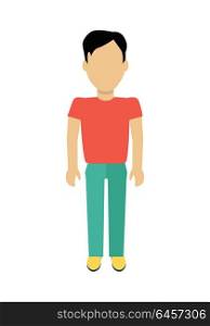 Man Character Template Vector Illustration.. Male character without face in red t-shirt vector in flat design. Man template personage figure illustration for concepts, mobile app pictogram, logos, infographic. Isolated on white background.