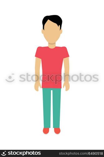 Man Character Template Vector Illustration.. Male character without face in red t-shirt and green pants vector in flat design. Man template personage figure illustration for concepts, logos, infographic. Isolated on white background.