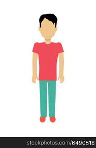 Man Character Template Vector Illustration.. Male character without face in red t-shirt and green pants vector in flat design. Man template personage figure illustration for concepts, logos, infographic. Isolated on white background.