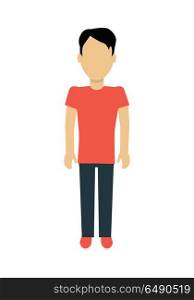 Man Character Template Vector Illustration.. Male character without face in red t-shirt and black pants vector in flat design. Man template personage figure illustration, mobile app pictogram, logos, infographic. Isolated on white background.