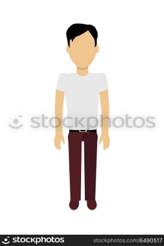 Man Character Template Vector Illustration.. Male character without face in white t-shirt vector in flat design. Man template personage figure illustration for concepts, mobile app pictogram, logos, infographic. Isolated on white background.
