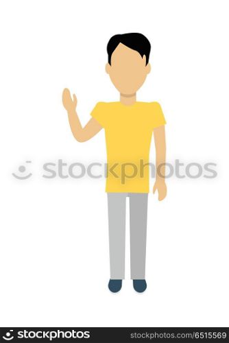 Man Character Template Vector Illustration.. Male character without face in yellow t-shirt vector in flat design. Man template personage figure illustration for concepts, mobile app pictogram, logos, infographic. Isolated on white background.