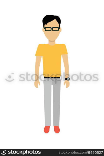 Man Character Template Vector Illustration.. Male character without face in yellow t-shirt vector. Flat design. Man template personage illustration for concepts with humans, mobile app pictogram, logos, infographic. Isolated on white background.