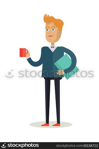 Man character vector. Cartoon in flat design. Smiling man in suite and butterfly with folder and cup of coffee. Student, office worker, employee, teacher, lecturer, manager. Isolated on white.. Man Character Vector Illustration in Flat Design. Man Character Vector Illustration in Flat Design