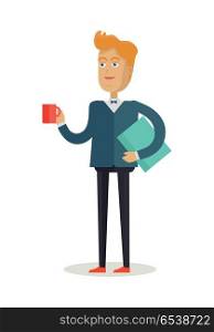 Man character vector. Cartoon in flat design. Smiling man in suite and butterfly with folder and cup of coffee. Student, office worker, employee, teacher, lecturer, manager. Isolated on white.. Man Character Vector Illustration in Flat Design. Man Character Vector Illustration in Flat Design