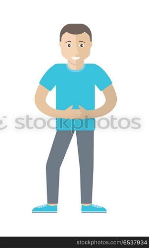 Man character vector in flat design. Smiling male in blue casual clothes. Illustration for profession, fashion, human concepts, app icons, logo, infographics design. Isolated on white background. Man Character Vector Illustration in Flat Style. Man Character Vector Illustration in Flat Style