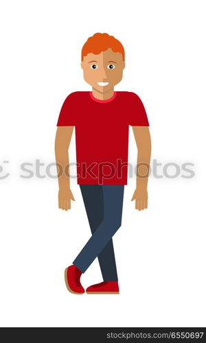 Man character vector in flat design. Smiling red-head male in casual clothes. Illustration for profession, fashion, human concepts, app icons, logo, infographics design. Isolated on white background. Man Character Vector Illustration in Flat Style