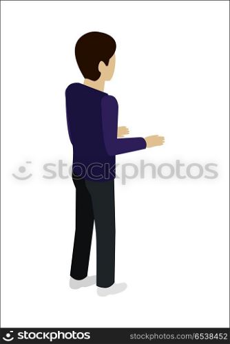 Man Character Vector In Isometric Projection.. Man character vector in isometric projection. Person standing backwards with bent at the elbows hands. Pose template for standing near reception, cash register, bar. Isolated on white.