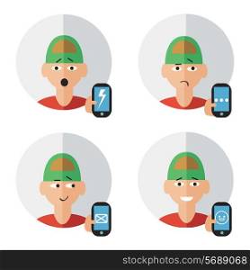 Man character with mobile phone in hand human emotions set isolated vector illustration