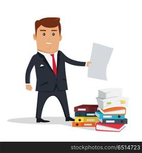 Man Character With Paper Vector Illustration.. Male character with sheet of paper vector. Flat design. Man in business suit holding paper sheet near stack of documents and colorful binders. Office, paper work concept. Isolated on white background.